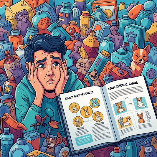 Illustration of a confused pet owner looking overwhelmed by a chaotic pile of various pet products and choices, symbolizing the 'pet health maze.' An open educational guide is nearby, suggesting clarity and trusted advice.