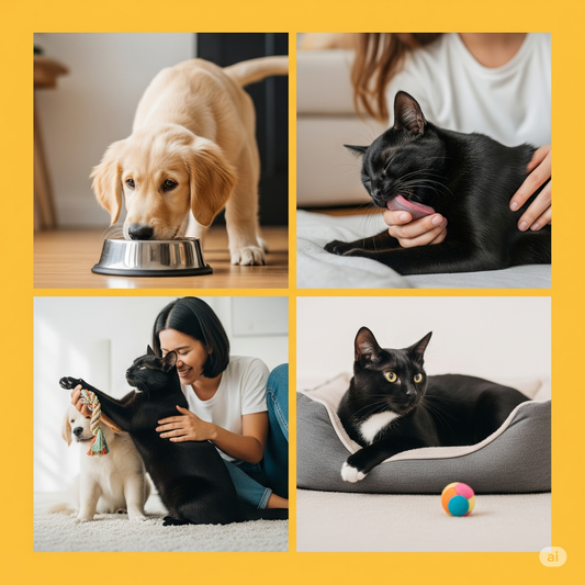 A joyful Golden Retriever puppy and a black cat happily interacting with their human companions in a bright, clean outdoor setting in the Philippines, conveying a sense of well-being and genuine connection.