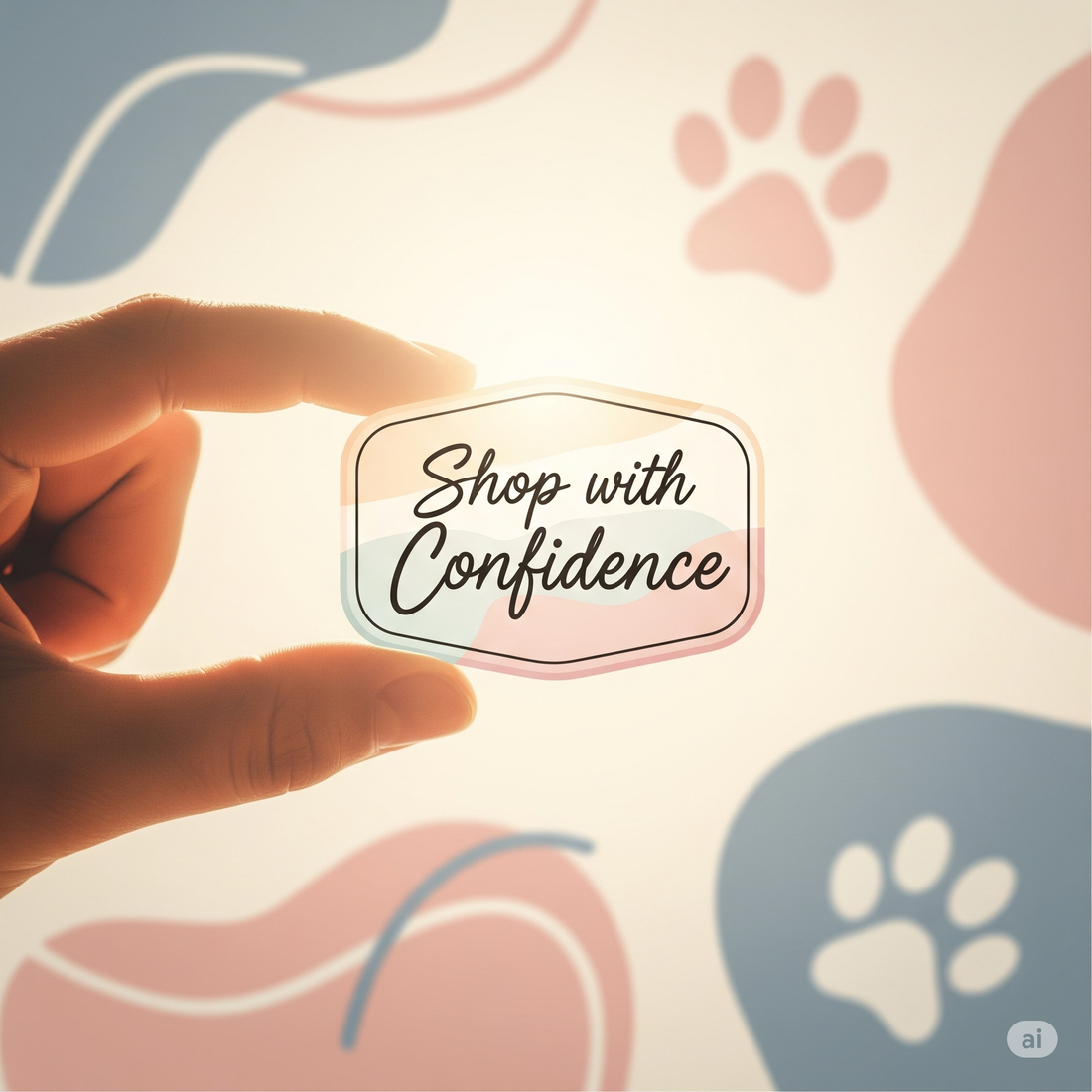 Close-up of a hand presenting a "Shop with Confidence" emblem, conveying trust and reliability in pet product sourcing.