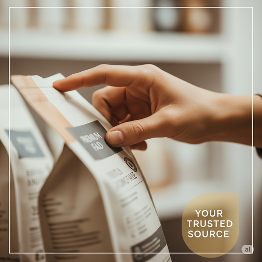 A close-up, warm-toned shot of a hand carefully inspecting a package of premium pet food, conveying dedication, care, and trustworthiness. A small graphic overlay reads "Your Trusted Source."