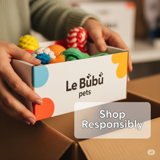 A hand carefully places a colorful pet toy into a Le Bubu Pets box, with a subtle "Shop Responsibly" overlay, highlighting mindful purchasing.