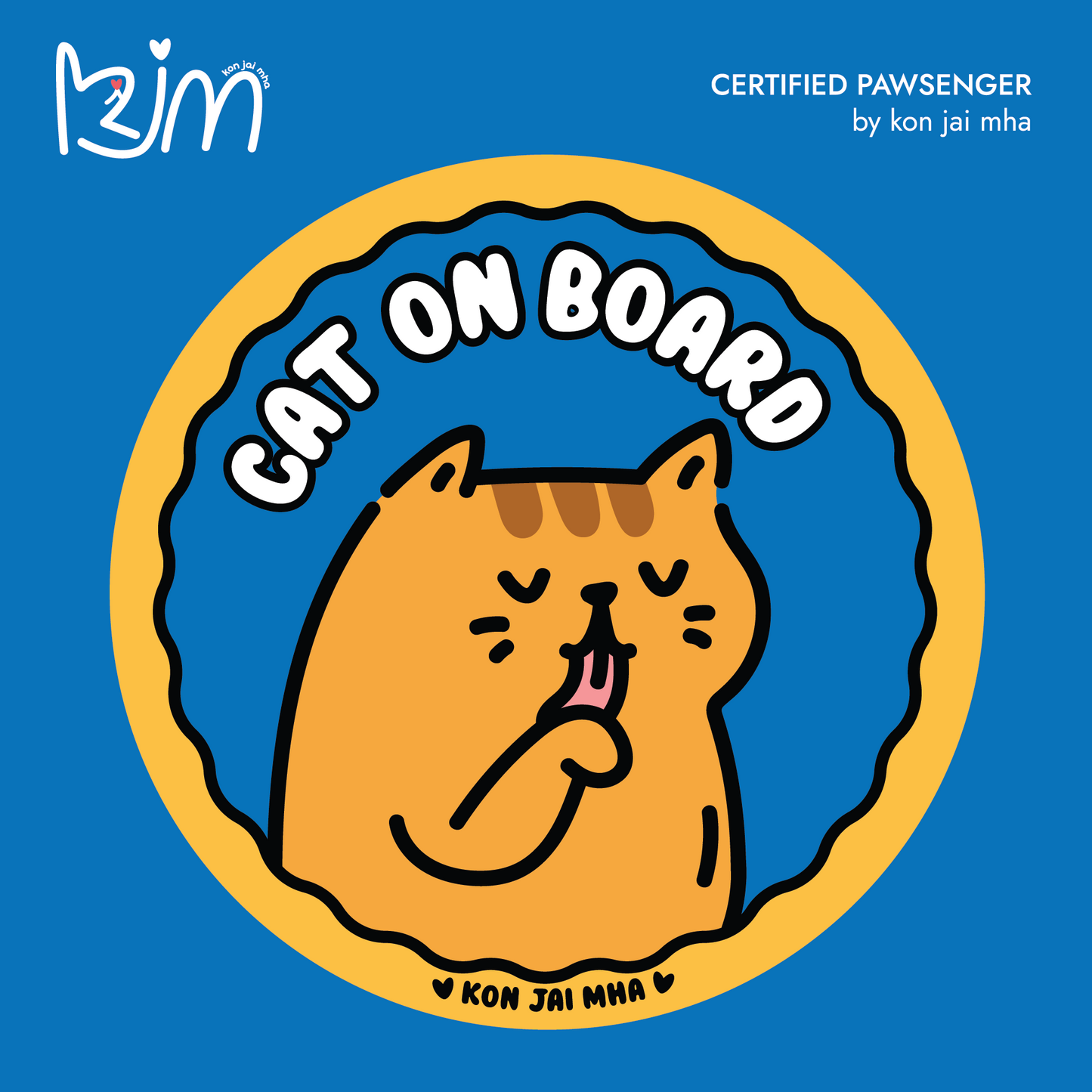 Kon Jai Mha orange tabby Cat On Board car sticker in blue