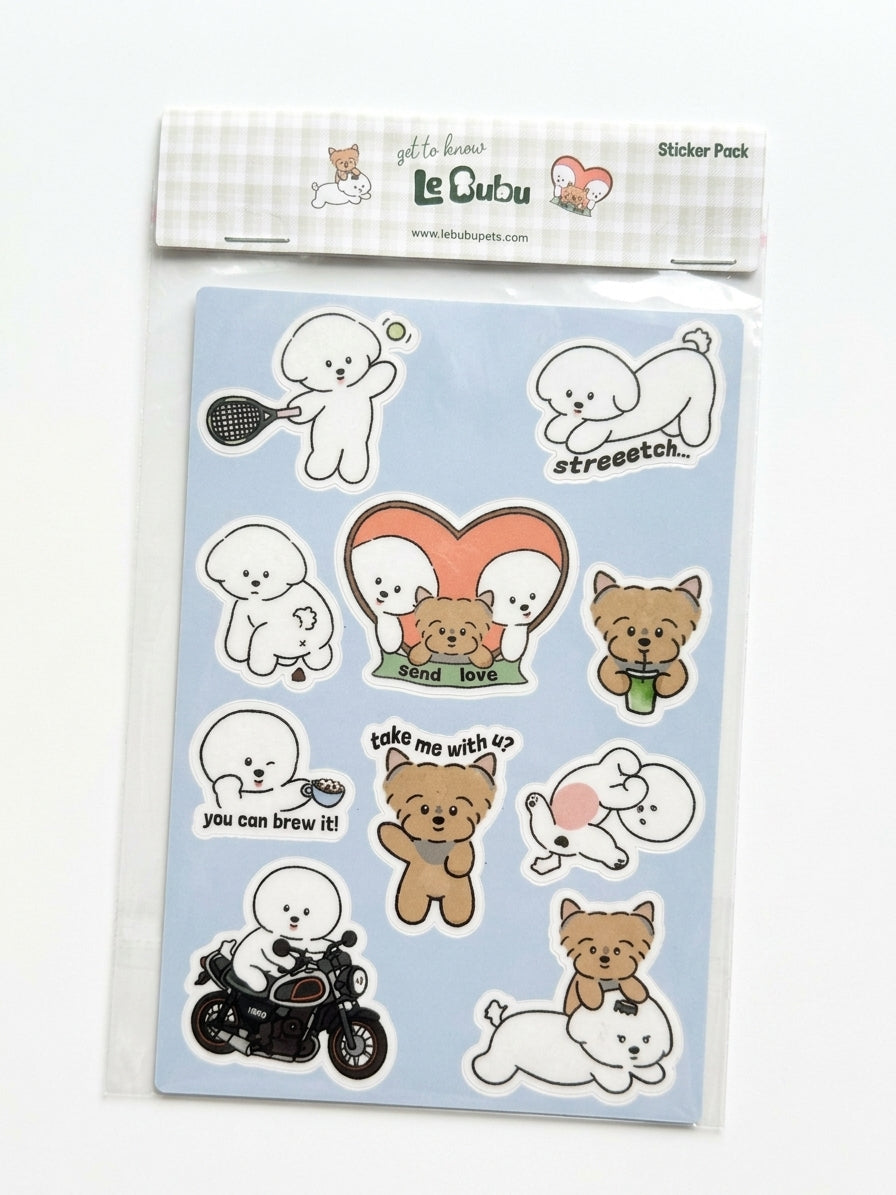A sticker pack featuring cute cartoon dog illustrations on a light blue backing sheet, with a white gingham header card labeled 'Sticker Pack' and the brand name 'Le Qubu'.