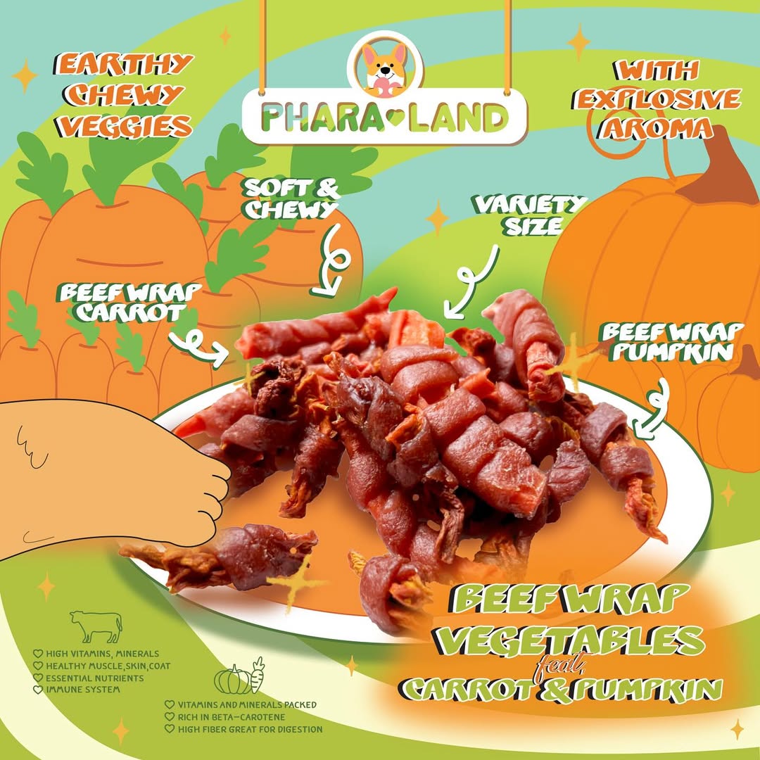 PharaLand Beef Wrap Vegetables: Plate of soft & chewy beef-wrapped carrot and pumpkin pet treats in various sizes.