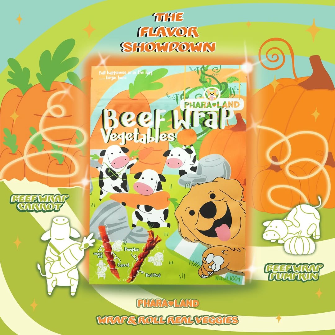 PharaLand Beef Wrap featuring carrot and pumpkin, highlighting benefits for healthy skin, coat, digestion, and immune system.