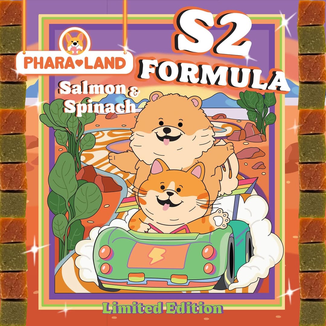 PharaLand S2 Formula Salmon & Spinach pet treats. Limited Edition high-protein, nutrient-packed cubes for dogs and cats.