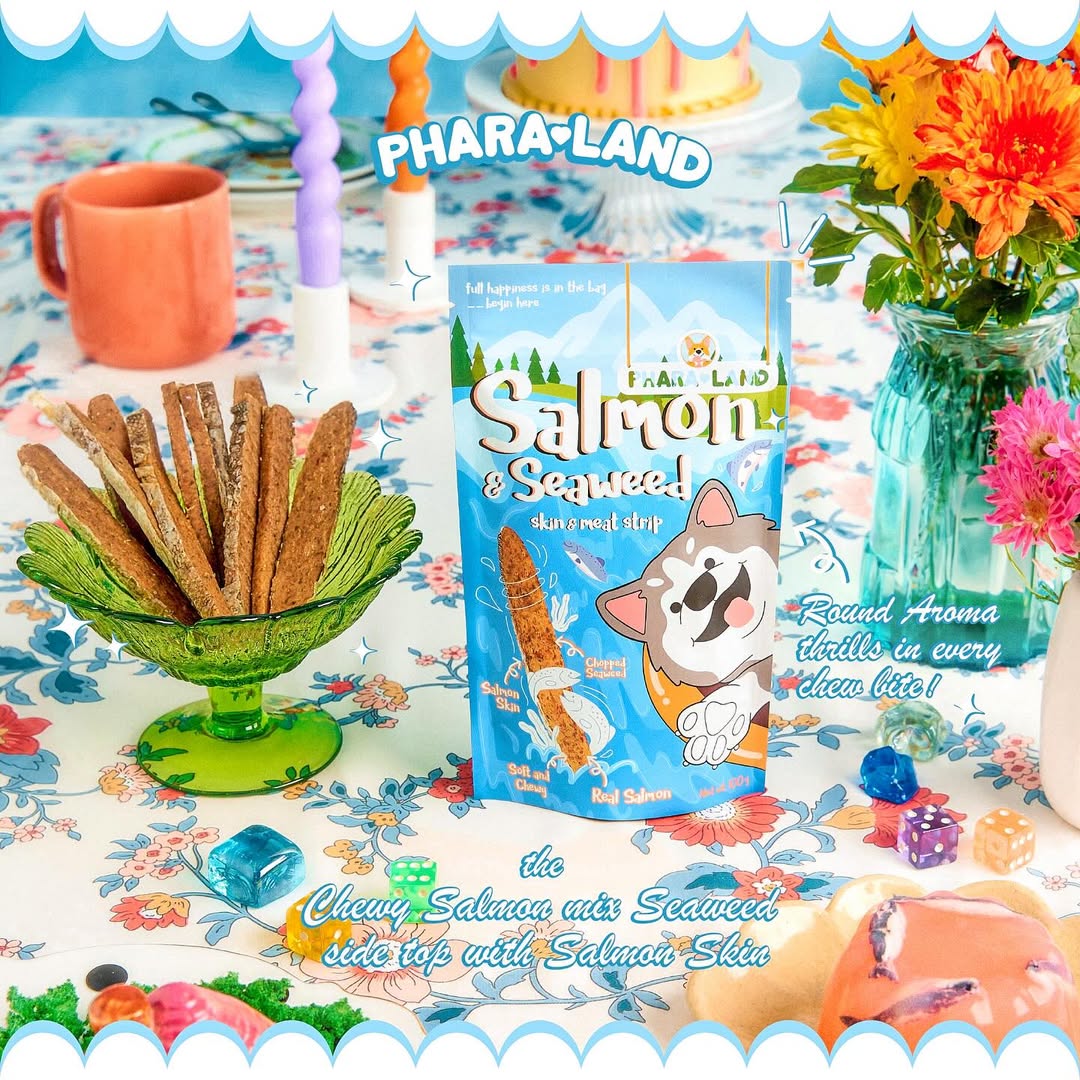 Packaged snack with 'Phara-Land' branding on a decorative table setting with flowers and a cup.