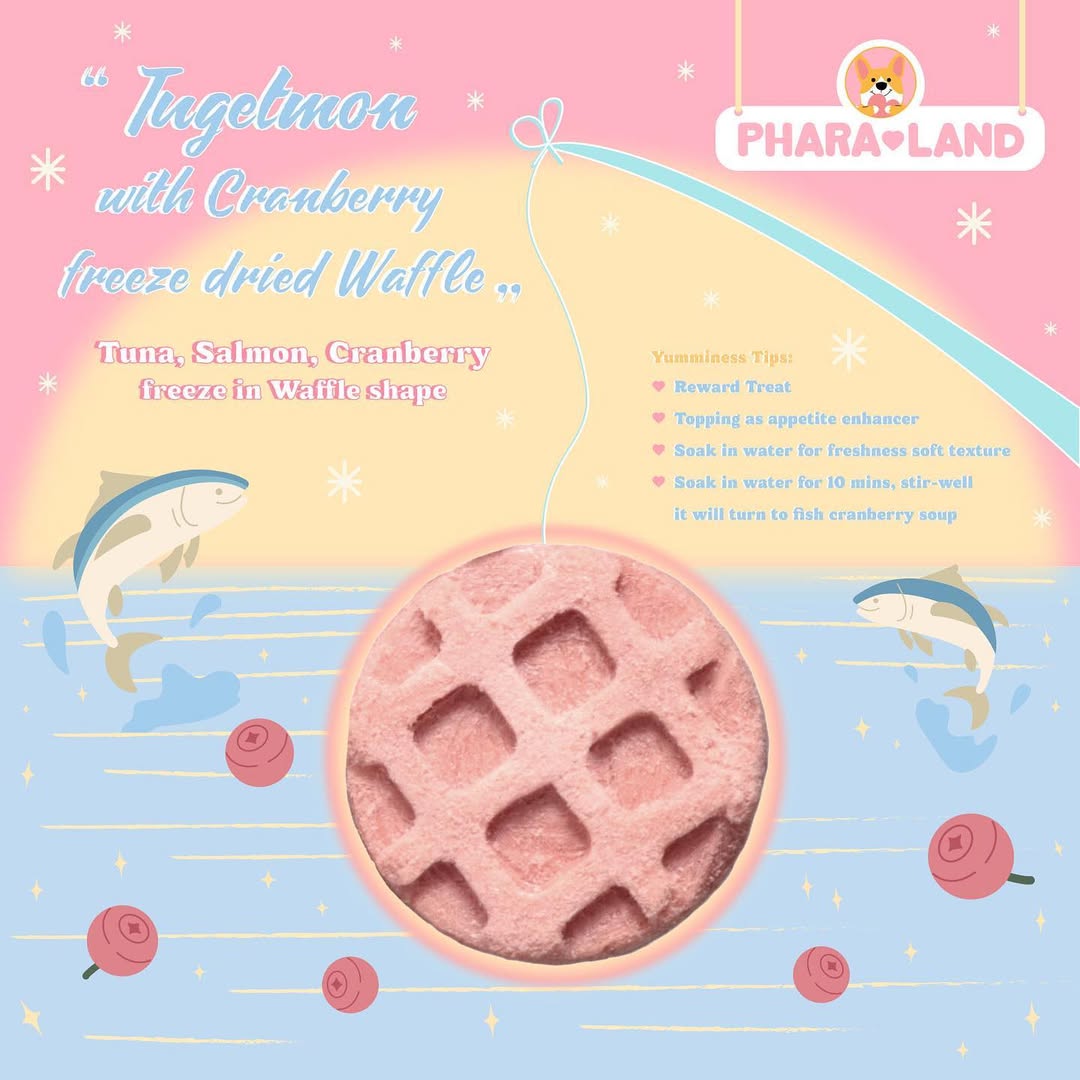 PharaLand Tugelmon with Cranberry Freeze-Dried Waffle, showing tuna, salmon, and cranberry ingredients