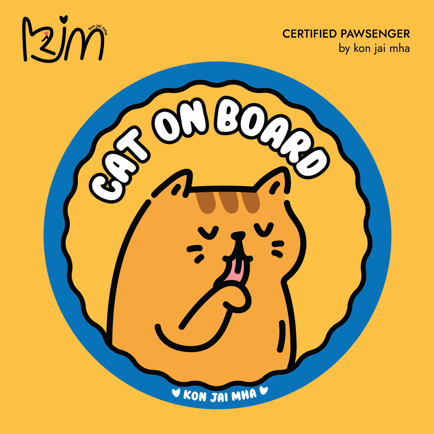 Kon Jai Mha orange tabby Cat On Board car sticker in yellow