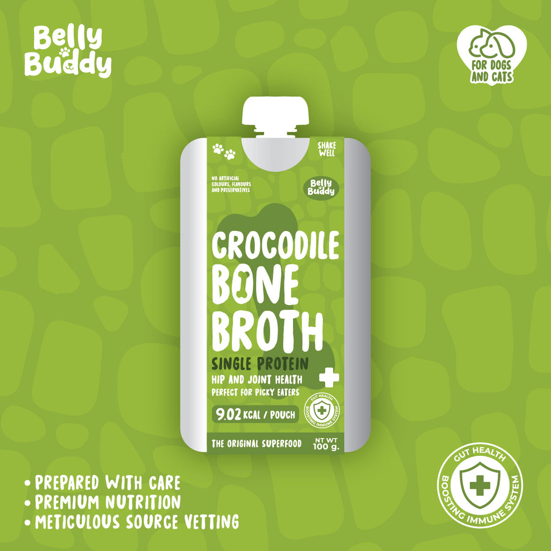 Belly Buddy Crocodile Bone Broth, part of the Belly Buddy nutrition lineup available at Le Bubu Pets