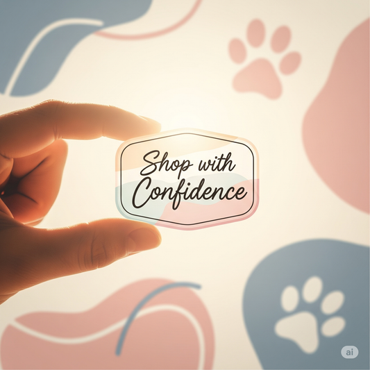 Close-up of a hand presenting a "Shop with Confidence" emblem, conveying trust and reliability in pet product sourcing.