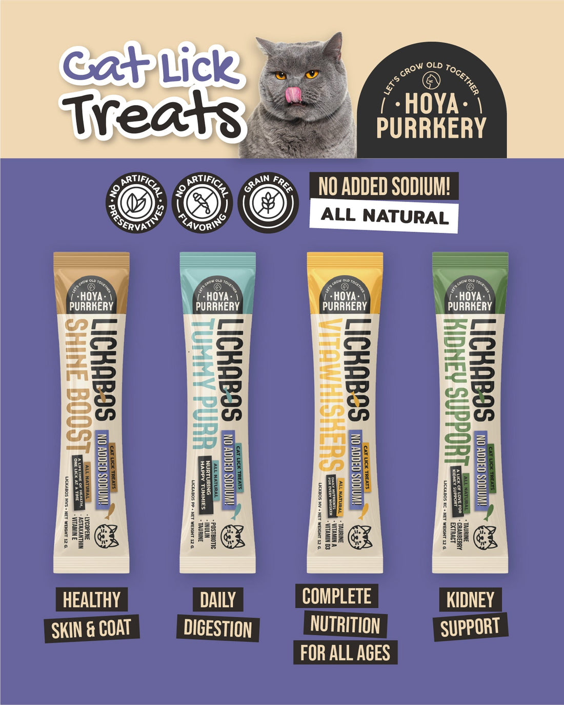 Hoya Purrkery Lickabos lick treats and Nutridash meal topper for cats from Le Bubu Pets