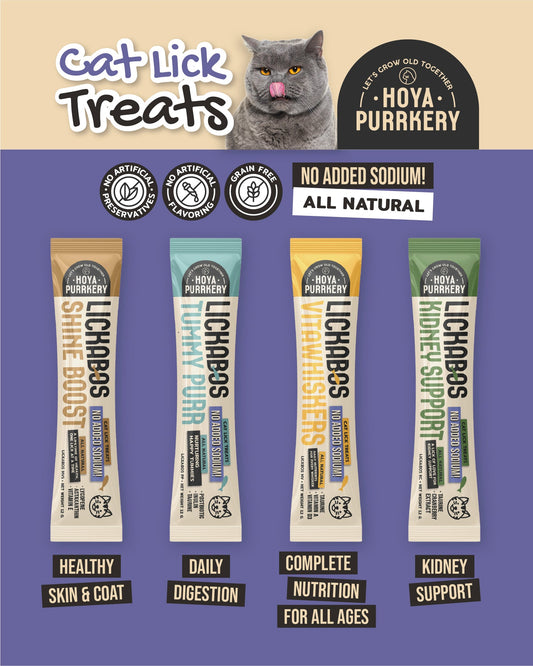 Hoya Purrkery Lickabos lick treats and Nutridash meal topper for cats from Le Bubu Pets