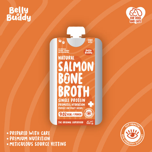 Belly Buddy Salmon Bone Broth restocking this August 2026 at Le Bubu Pets