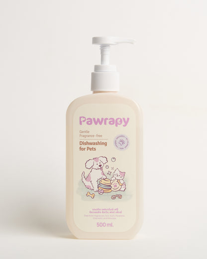 Dermatologically tested pet dishwashing liquid by Pawrapy. SLS-free and fragrance-free formula from Le Bubu Pets.