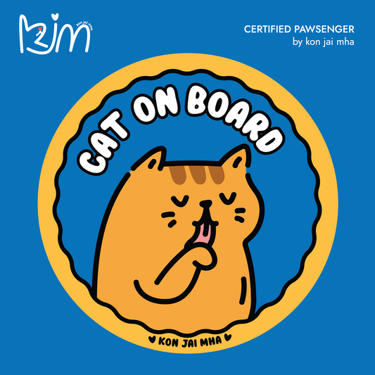 Kon Jai Mha orange tabby Cat On Board car sticker in blue