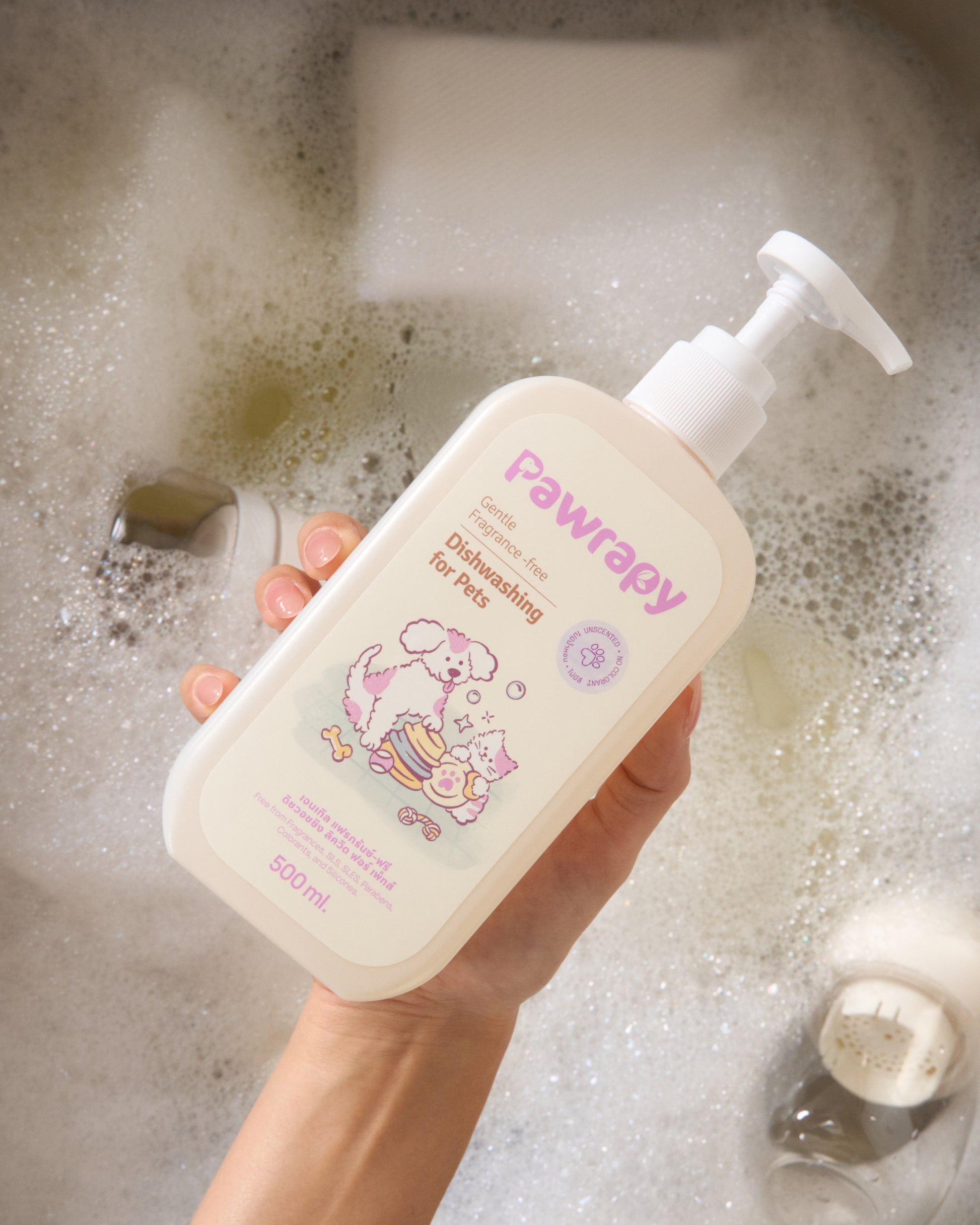 Pawrapy Gentle Fragrance-Free Dishwashing for Pets 500ml bottle. Non-toxic cleaner for dog bowls and toys.