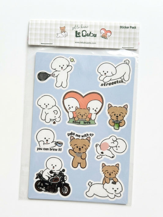 A sticker pack featuring cute cartoon dog illustrations on a light blue backing sheet, with a white gingham header card labeled 'Sticker Pack' and the brand name 'Le Qubu'.