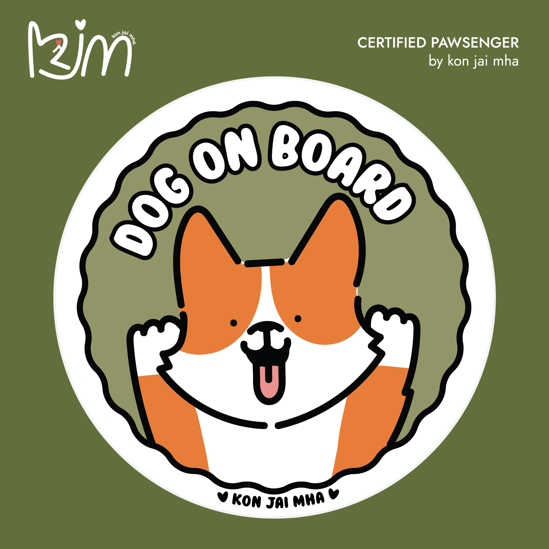 Kon Jai Mha Corgi Dog On Board car sticker in olive green