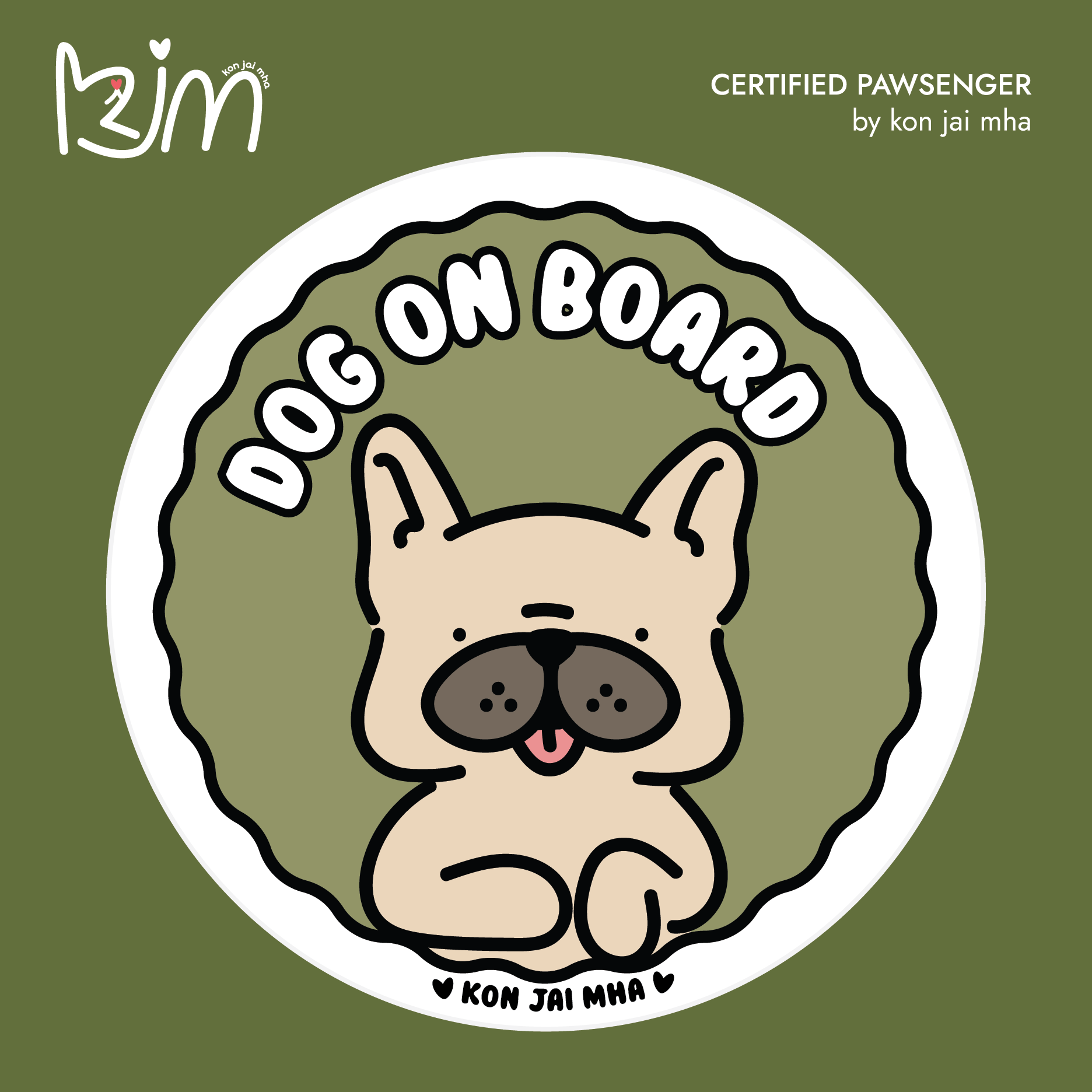 Kon Jai Mha French Bulldog Dog On Board car sticker in olive green