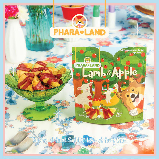 PharaLand Lamb & Apple Treats in a green bowl, showing tender lamb wrapped around apple slices. Healthy pet snack.