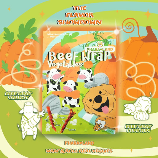 PharaLand Beef Wrap featuring carrot and pumpkin, highlighting benefits for healthy skin, coat, digestion, and immune system.