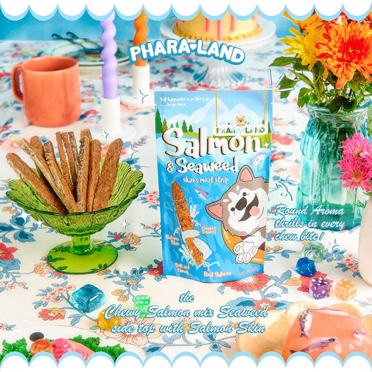 Packaged snack with 'Phara-Land' branding on a decorative table setting with flowers and a cup.