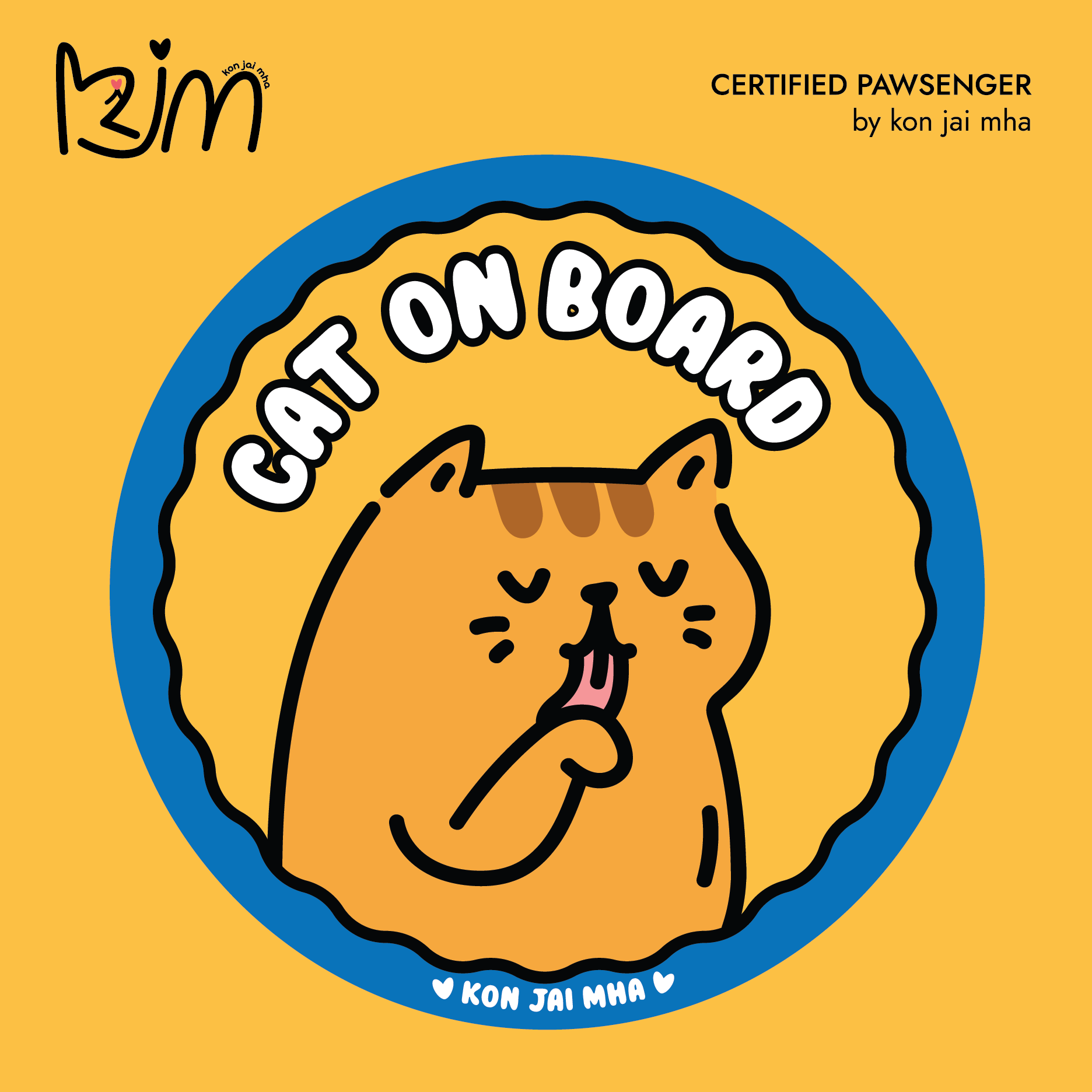 Kon Jai Mha orange tabby Cat On Board car sticker in yellow